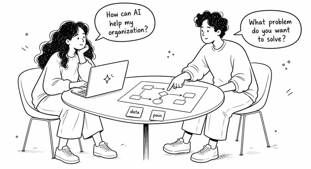 Two people at a table, one asking how AI can help their organisation, the other replying with what problem do you want to solve, monochrome
