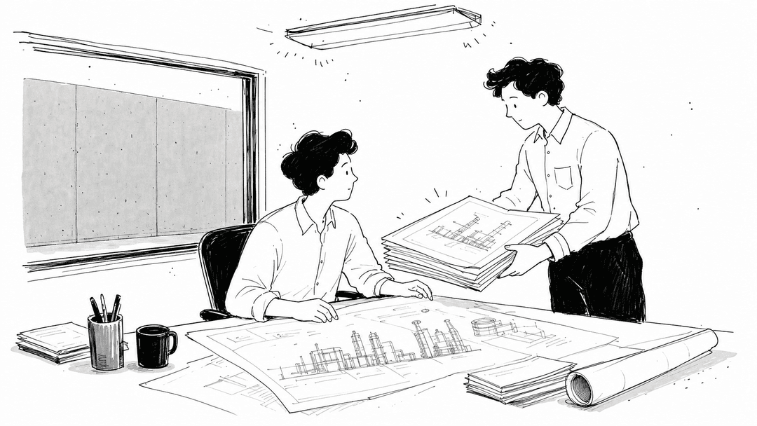 A windowless office under fluorescent light, A3 engineering drawings stacked on a desk, monochrome