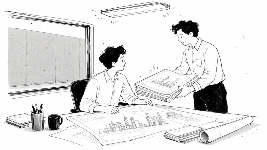 A windowless office under fluorescent light, A3 engineering drawings stacked on a desk, monochrome