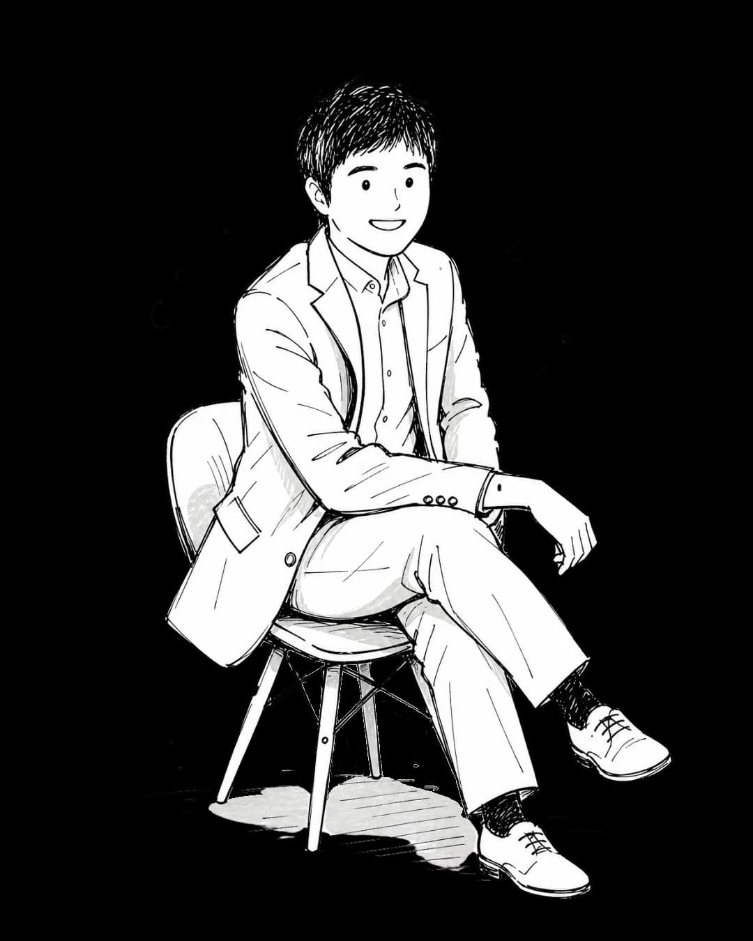 Albert Shim, seated on a stool in an ink-blue suit, smiling