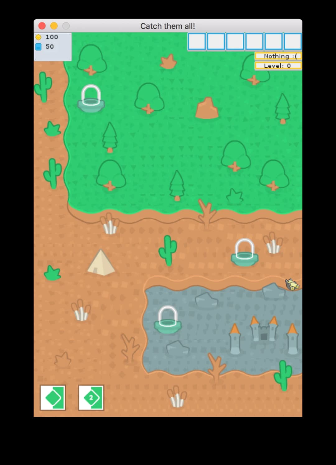 The overworld: grass, desert and water tiles, six empty inventory slots top right, and a status line reading "Nothing :(".