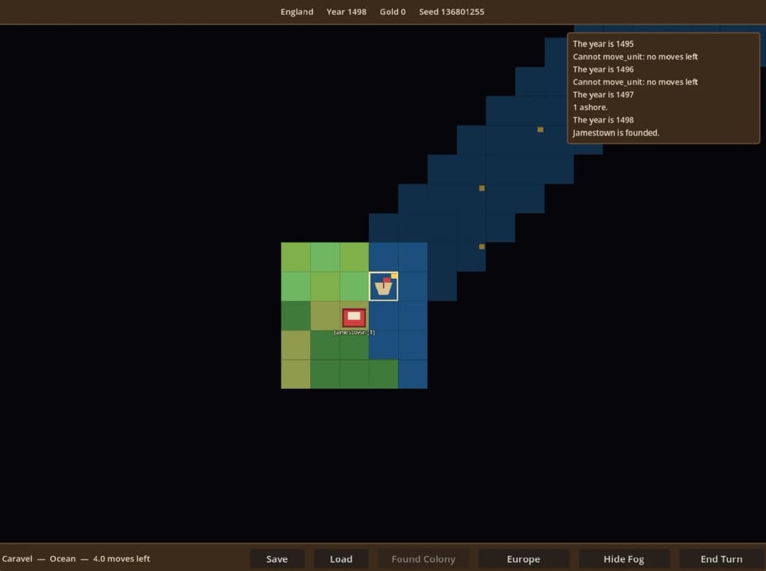 colonization, year 1498: flat coloured squares, a caravel, gold 0, and "Jamestown is founded".