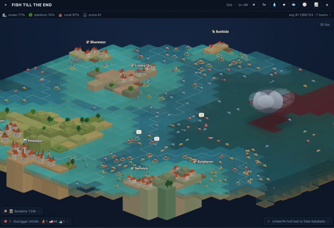 Fish till the end, day 26: an isometric ocean of boats and seven towns, with ocean 77%, plankton 74% and coral 87% gauges. "Umberfin hull lost to Gale Katabatic."