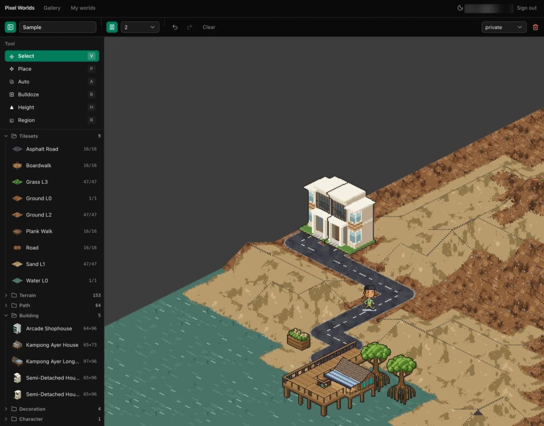 Brunei pixel studio: an isometric editor showing stilt houses over water, a road and a shophouse.