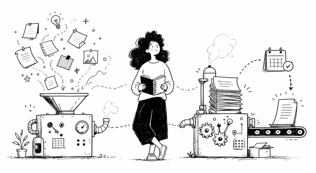 Two engines running on different fuel, deadlines driving output and inspiration feeding ideas, monochrome